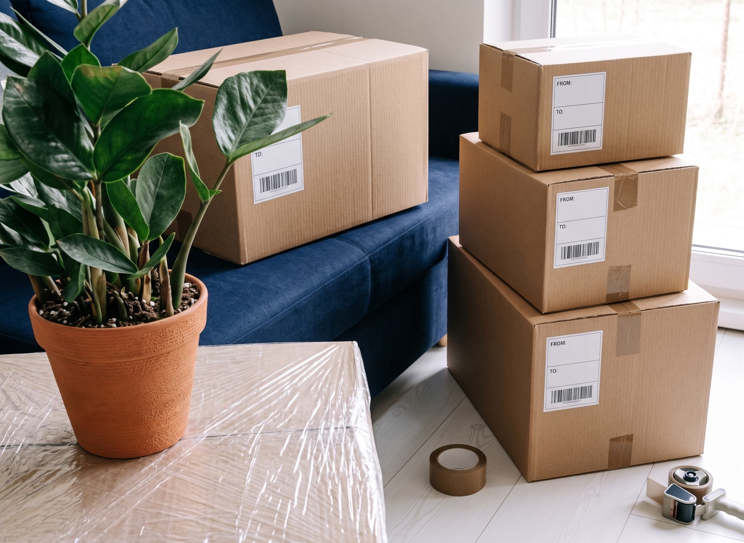 Cajas de envío en un living, con etiquetas, balanza y cinta de embalar.